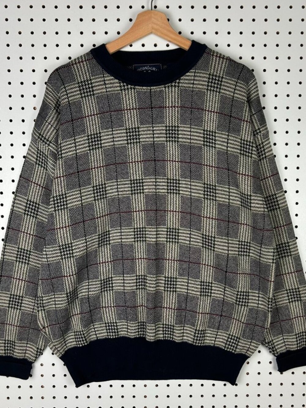 Woods & Gray Checkered‎ Knit Sweater Medium Brown Navy Blue Grandpa 90s Cotton